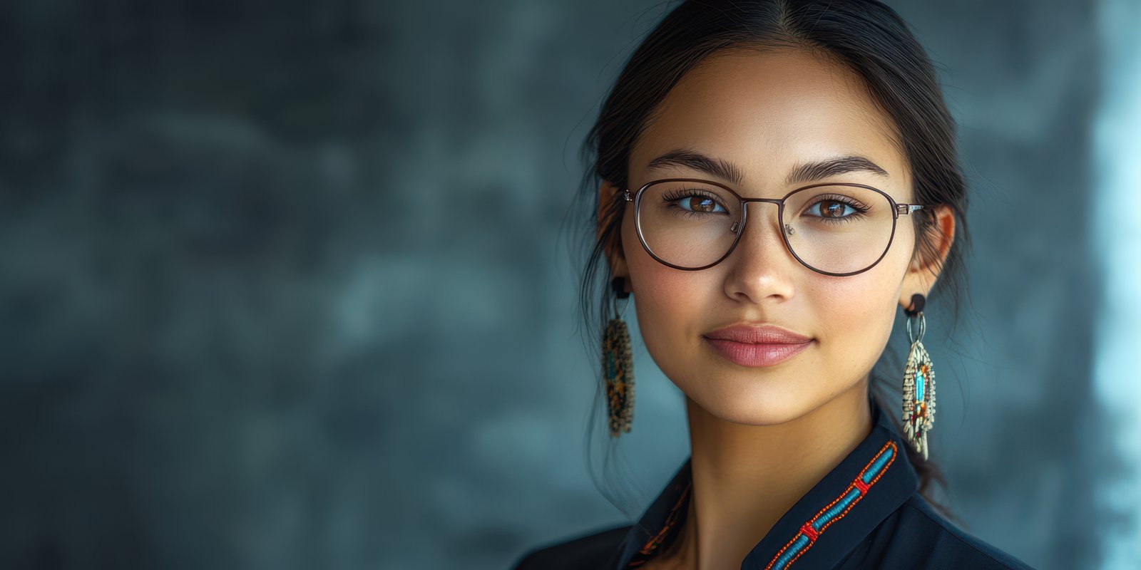 Young woman with glasses smiles confidently in a modern setting during daylight hours